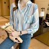 Blouses voor dames extra groot formaat kleurrijke gestreepte shirts voor vrouwen casual revers chiffon chiffon eenmalige borsten vest met lange mouwen losse tops