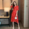 Party Dresses Summer Love Cherry Pattern Short Sleeve V-Neck -Length A-Line Chiffon Red Pink White Black Green Yellow Coctail Dress 9738