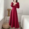 Casual Dresses Red Vintage Long Sleeve Dress Women Party Elegant Ankle-length Female Square Collar Simple Korean Style Streetwear Slim