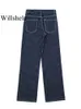Women's Jeans Willshela Women Fashion Denim Navy Blue Striped Front Zipper Trousers Vintage High Waist Female Chic Wide Leg Pants 230330