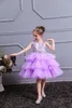 Abiti da ragazza Elegante festa con paillettes per matrimoni Cerimonia principessa Abito corto da sera per bambini con torta in tulle viola 2023