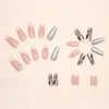 False Nails Silver Glitter Long Ballerina Fake With Black Leaf French Full Cover Nail Tips Press On DIY Manicure