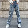 Women's Jeans Vintage Flame Embroidered High Rise Jean's Washed Old Loose Fit Y2K Casual Pants Jean 230331