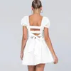 Casual Dresses Women's Shirred Ruffle Short Sleeve Mini Dress French Square Neck Flowy A Line Sexig Cut Out Tie Back Summer