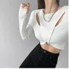 Women's Polos Chic Hollowout Sense of Design Pullover Round Neck Knit Women Spring Short Exposed Navel Bottoming Shirt Slim Longsleeved Top 230330