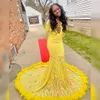 Yellow Feathers Sequined Lace Prom Dresses Black Girls Long Sleeve Mermaid Ladies Dress For Special Ocns Gowns