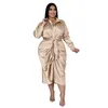 Plus la taille Robes Élégant Satin Taille Femmes Chemise Robe Sexy Ruché À Manches Longues À Lacets Soirée Midi Drerss Robe Africano Feminino 230330