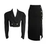 Two Piece Dress Fashion 2 Pieces Outfits Black Set Office Women Formal Kit Temperament Lady Sexy Short Crop Tops Coat Slit Midi Skirt Slim Suits 230331