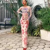 Robes décontractées Femmes Long Bodycon Robe Portrait Floral Print Boat-Leck Mesh See-Through Slim Sleeve Backless Party