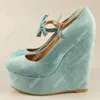 Olomm Handmade Ladies Spring Pumps High Quality Wedges High Heels Round Toe Sky-Blue Party Shoes Women Us Plus Size 5-20