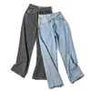 Kvinnors jeans kvinna sned bälte hög midja kläder bred ben denim kläder blå grå streetwear vintage mode harajuku rak byxor 230331