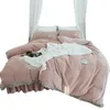 Yatak Setleri Kış kuzu derisi yatak dört parçalı mercan kadife prenses tarzı saf renk kalınlaştırılmış termal yorgan kapağı pazen sayfası