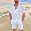 남성용 트랙 슈트 2022 New Men Hawaiian 세트 여름 캐주얼 한 단색 짧은 소매 버튼 셔츠 해변 반바지 2 세트 패션 남성 2 피스 슈트 W0322
