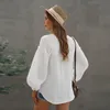 Женские блузки в стиле бохо, топы, сексуальные рубашки с v-образным вырезом и шнурком, передняя пуговица, пляжные блузки, белые T200803