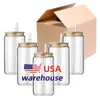 12oz 16oz USA Warehouse Water Bottles DIY 블랭크 승화 캔버블러 텀블러 형태의 맥주 유리 컵 대나무 뚜껑과 아이스 커피 소다 J0418 용 빨대.