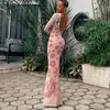Robes décontractées Femmes Long Bodycon Robe Portrait Floral Print Boat-Leck Mesh See-Through Slim Sleeve Backless Party