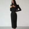 Fashion Bodycon Dress Stretch Square Neck Long Sleeve Party Dresses Women Spring Slender Split Mid-Calf Sexy Dress 2023 Elegant Clothes