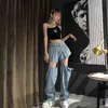 Women's Jeans Ripped Jean's High Waist Sexy Design Women Denim Stretch Removable Pants Wide Leg Hip Hop Fashion BlueBlack Trousers 230330