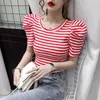 Dames T-shirt Summer Girls 'O-Neck T-shirt Top Dames Super Dunne korte mouw Puff Sleeve Vintage Stripe T-shirt T-shirt Women's 230331