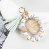 Moda Heart Flower Silicon Beads Tassel Keychain Letter Wood Letra de Bracelete de Disco de Madeira Chavejando para Mulheres Presentes de Joias de Meninas