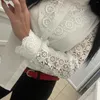 Women's Blouses 2023 Women Causal White Lace Shirt Patchwork Hollow Out Blouse Long Sleeve O Neck Mesh Tops Spring Pink Elegant Button