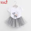 R Z Children's Suit Summer New Girls Cotton Suit Children's Printing Cartoon Kitten T-shirt Mini Mesh kjol Tvådel