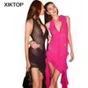 Robes Décontractées Xiktop Fringe Sexy Sans Manches Col En V Foncé Fleur Robe Halter Femmes Club Party Voir À Travers La Fente Midi Vêtements En Gros