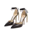 Mode Damen Sandalen Pumps London ERIS 100 mm Schwarz Gold Leder Lange Quasten Fesselriemchen Spitzschuh Design Italien Beliebt Hochzeit Party Sandale High Heels EU 35-43