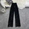 Cutistation Gümüş Siyah Pullu Pantolon Kadınlar 2023 Bahar Tam Uzunluk Şık Moda Düz Geniş Bacak Pantolonları Parti Gece Kulübü