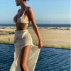 Women's Swimwear Crochet Beach Maxi Dress for Women See Through Sexy Bikini Plunge Backless Bandage Sleeveless Lacing Split Long Dresses 230331