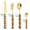 Dinware sets Zoseil 24 -delige bamboe gouden servies set roestvrij staal servies set milieubescherming bamboebleed vork mes lepel zilveren set 230331