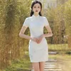 الملابس العرقية Cheongsam style style أزياء متتالية مريحة تحسن طويل بسيط فتاة أنيقة بسيطة بيضاء الدانتيل 2023 ربيع الصيف