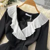 Nieuwe Casual Jurken Vintage Lente Herfst Effen Slanke Volledige Knop Dame Jurk Een Lijn V-hals Chiffon Trui Halverwege de Kuit Vrouwen Dresses2023