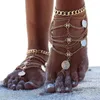 Bracelets de cheville chaîne en métal multicouche exagérée, couleur or argent, pièce de monnaie rétro pour femmes, bijoux cadeau Seau22