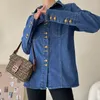 Damesjassen retro zak met lange mouwen denim shirt voor vrouwen met een gevoel van niche-ontwerp in donkerblauwe tops lente en herfst