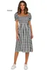 Casual jurken Blue Square kraag plaid vrouwen kleden zomer a-line hoge taille puff puff mouw elegante middenlange korte mouwen korte mouwen