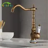 Kitchen Faucets Antique Brass Kitchen Faucet Cold Mixer Tap Single Hole Bathroom Faucet Rotatable crane Blue and white porcelain handle 230331