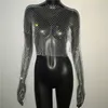 Koszulka damska Glitter Diamonds Fishnet Tops Blusa Blowly Women o długim rękawie o szyja seksowna pusta na zewnątrz zobacz tee club imprezowe 230331