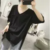 Dames t-shirt dames t shirts zomers trendy spleet t-shirt casual losse dunne dunne korte mouw tops Koreaanse opgerolde rand voorkant korte rug lange t-shirts 230413