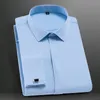 Men's Casual Shirts Men's Classic French Cuff Dress Plaid Long Sleeve Evening Dress Men's Shirt With Cufflinks Pocketless Office White 230331