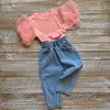 Roupas infantis de verão para bebês meninas moda renda manga curta camisetas topscom pérola calças jeans crianças roupas casuais