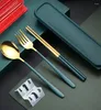 Dinnerware Sets 2/3Pcs Cutlery With Box Holder 304 Stainless Steel Spoon Fork Chopsticks Set Travel Tableware Kitchen Teaspoon