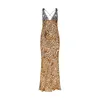 Casual Dresses Sexig V-ringning Lace Leopard Dress Floral Print ärmlös maxi för kvinnor sommarlovstrand rygglös lång