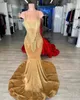 2023 Arabo Aso Ebi Gold Mermaid Prom Dress Cristalli di perline Sexy Evening Party Formale Secondo ricevimento Compleanno Abiti di fidanzamento Abiti Robe De Soiree ZJ244