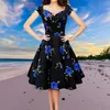 Abiti casual Summer Women High High Waist Dressess Rosa Stampa rosa V Neck Sless Sexy Short Short Of Spalla Vintage Big Swing