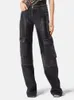 Damskie dżinsy skórzane wysokieś Y2K vintage kieszenie w stylu czarne swobodne spodnie 2023 Odzież uliczna 03VS 230331