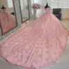 Pembe dantel aplike quinceanera elbise balo elbisesi kapalı omuz maskeli balığı Meksika 15 yaşındaki on altı tatlı 16 balo elbisesi