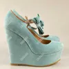 Olomm Handmade Ladies Spring Pumps High Quality Wedges High Heels Round Toe Sky-Blue Party Shoes Women Us Plus Size 5-20