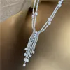 Zincirler El Düğümlü Kazak Zinciri Beyaz Tatlı Su İnci Mikro Kakma Zirkon Aksesuarları Kolye Uzun 50-53cm Moda Takı