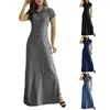 Casual klänningar kvinnor kort ärm krage knapp fram a-line denim maxi-long 10cd